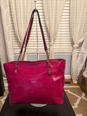 Michael Kors Hot Pink Leather Tote with Gold Chain-Strap Accents